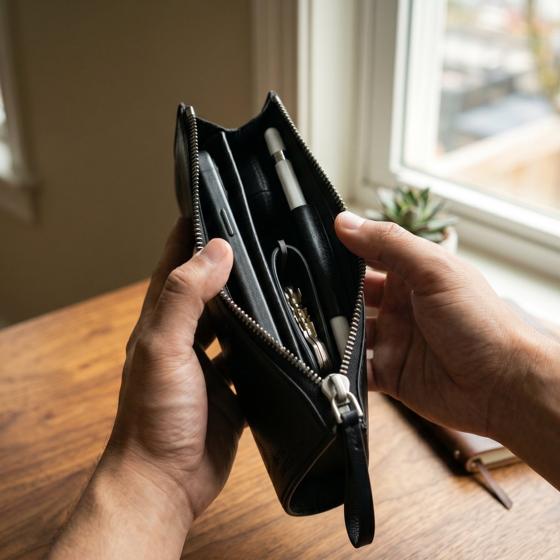 Person holding an open black wallet with a pen on a wooden table near a window.
